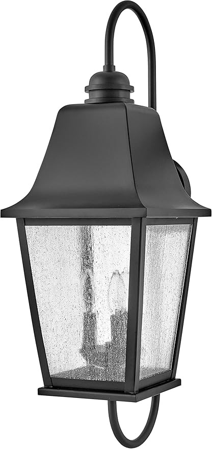 Hinkley Kingston Large Wall Mount Lantern - Oversized Sweeping Roof & Arms, Aluminum, Clear Seedy Glass - Black Finish