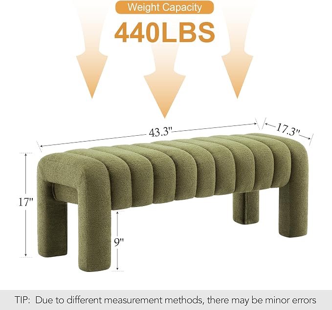 43" Boucle Bed Bench, Linen Green | Upholstered Channel Tufted, Accent Window - Image 2