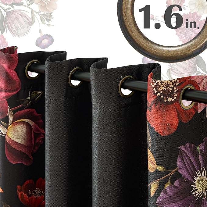 jinchan Black Floral Blackout Curtains 96 Inch Vintage Grommet 2 Panels | Room - Image 7