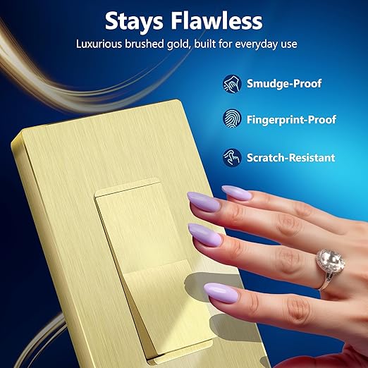 LIDER Brushed Gold Minimalist Decorator Switch with Screwless Wall Plate, Frameless Wall Light Switch, On/Off Rocker Switch, 3-Way or Single Pole, Residential Grade, UL Listed, 3 Wire, 15A 120-277VAC