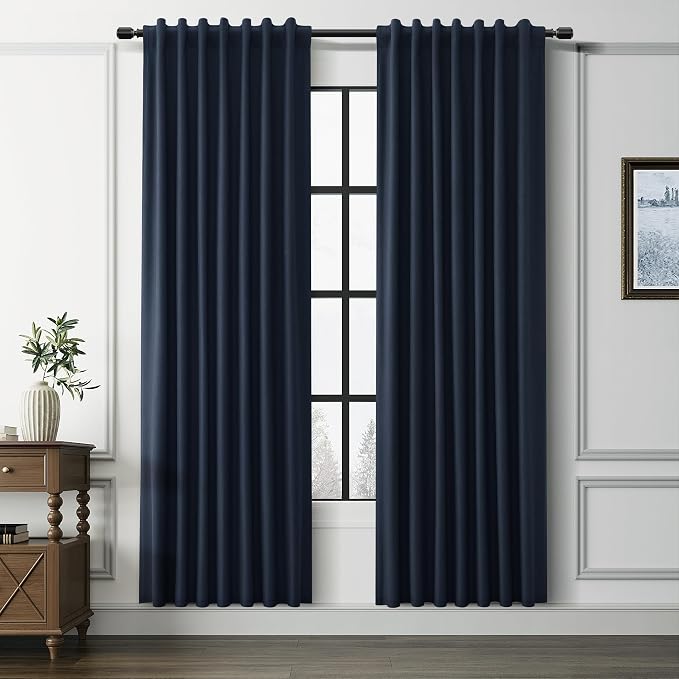 Navy Blue 100% Blackout Linen Curtains by Guken