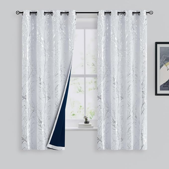 FMFUNCTEX 100% Blackout Ivory Silver Foil Tree Curtains 63 Inch 2 Panels | - Image 2