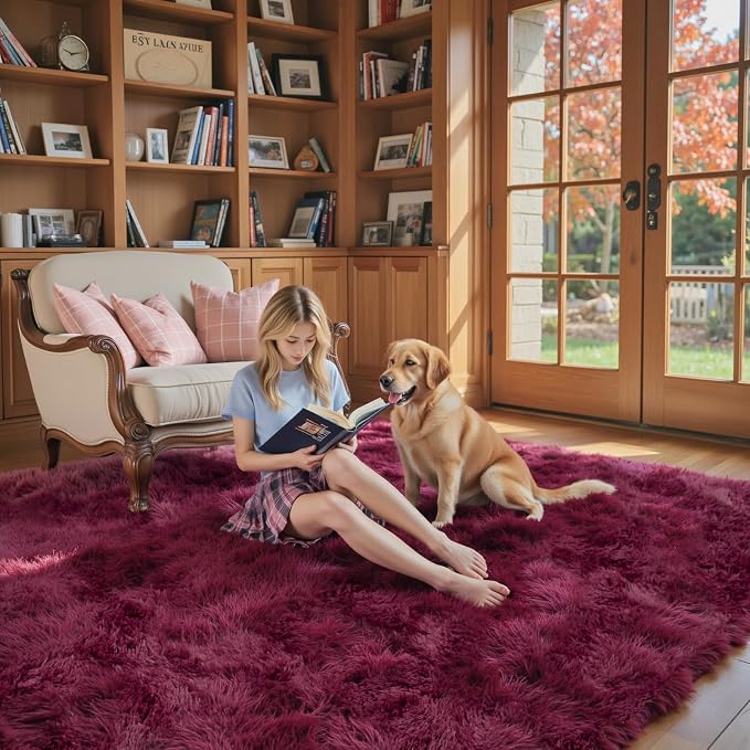 Area Rugs10x14 for Living Room, Burgundy Large Shaggy Plush Furry Rug | Soft - Image 4