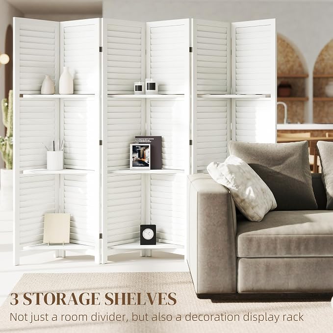 HOMCOM Room Divider with Shelves 6 Panel 67" Wood Screen White | Wood Privacy - Image 3