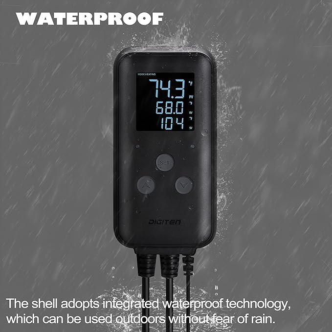 DIGITEN Waterproof Digital Temperature Controller for Aquarium, Greenhouse & Outdoor Heating - 10A Heat Mat Thermostat Controller