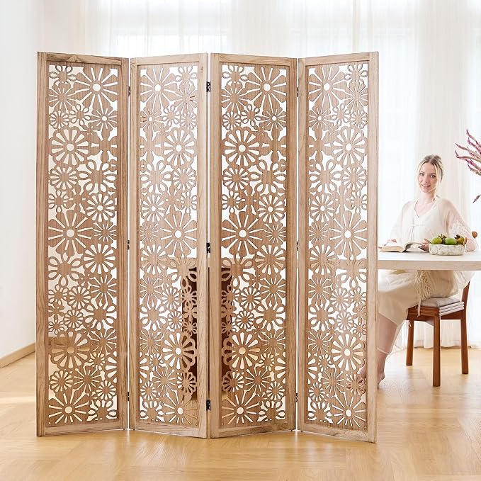 Folding Wood Room Divider Panel, 67 Inch Tall Daisy-Carved Privacy Screen - Image 7