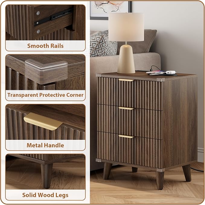 Wood Nightstands Set of 2 w/Charging Station, 3 Drawers Fluted Dresser | Walnut - Image 7