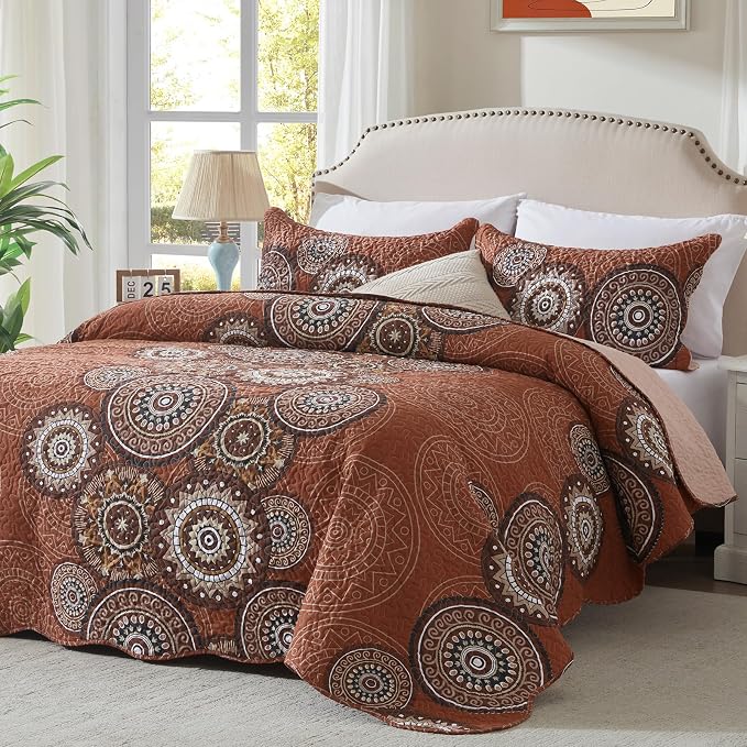 3-Piece Full Queen Size Burnt Orange Rust Quilt Set Lightweight Oversized by LEAONME