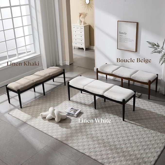 Modern Bedroom Ottoman Bench, Boucle Beige End of Bed Bench Entryway Bench - Image 9