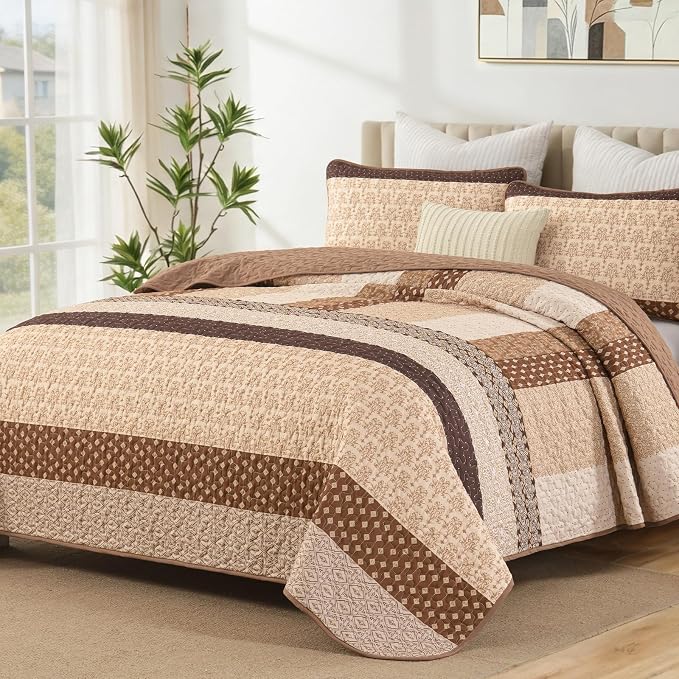 WONGS BEDDING Brown Stripe Quilt King Size, Boho Bedspread Sets | 3 Pieces by WONGSBEDDING