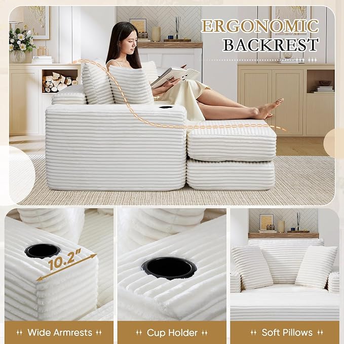 Oversized Chaise Lounge Chair Indoor, 52.4"W Corduroy Upholstered Fluffy Comfy - Image 5