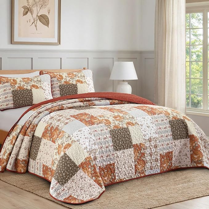 Anibedding Floral Patchwork Quilt Set Queen, Terracotta Plaid Bedspread | 3 Pcs - Image 2