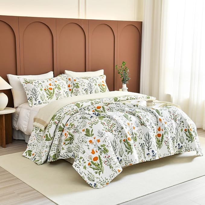 QSH 100% Cotton Floral Quilt Queen Set Yellow Flowers Leaves Plants Pattern by QSH