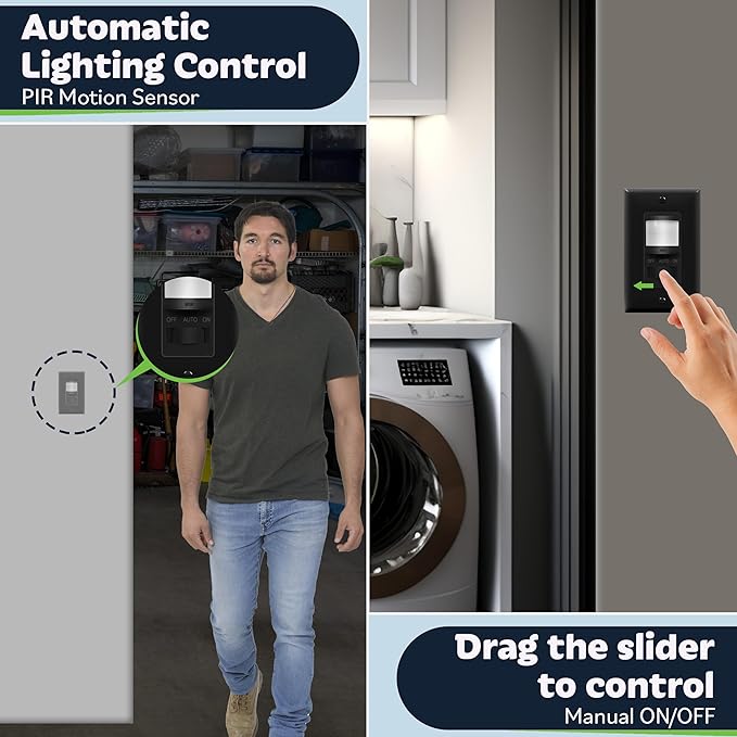 TOPGREENER in Wall PIR Motion Sensor Light Switch, Occupancy Sensor Switch, 𝐍𝐞𝐮𝐭𝐫𝐚𝐥 𝐖𝐢𝐫𝐞 𝐑𝐞𝐪𝐮𝐢𝐫𝐞𝐝, On/Off Override, 𝐒𝐢𝐧𝐠𝐥𝐞 𝐏𝐨𝐥𝐞, 4A, 500W, TSOS5-BKWP,Black