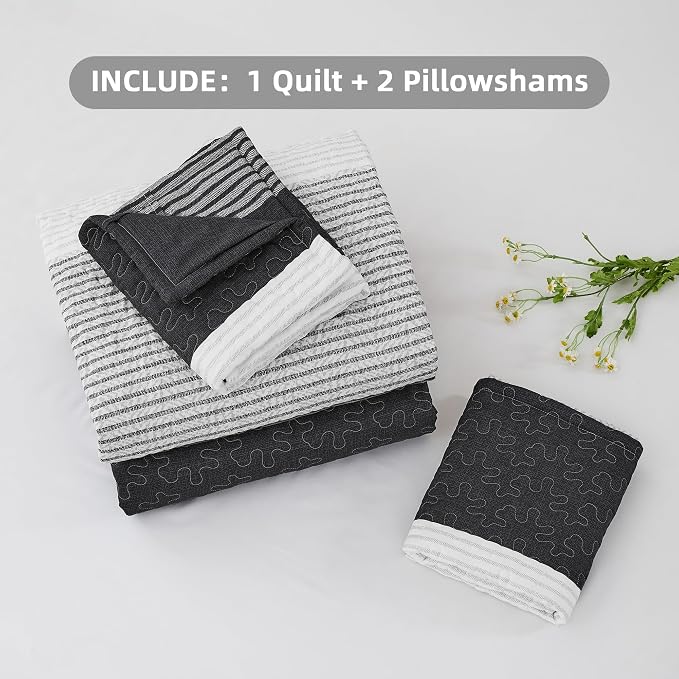 Oversized King Quilt Set Black White, 3 Pieces Stripe Bedspread | 128x120 Inch - Image 6