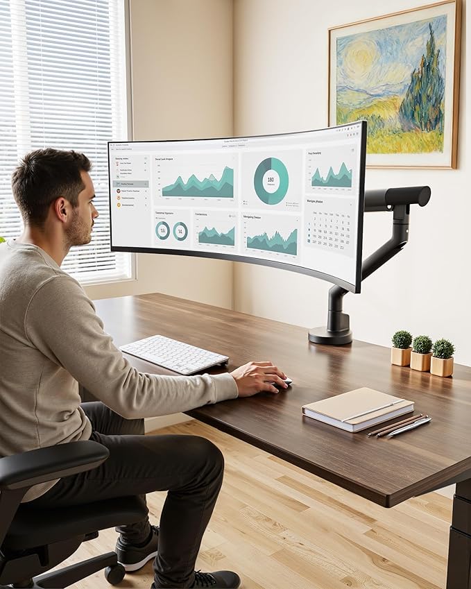 monTEK Single Monitor Arm for 17-40 Inch Screens, Up to 24.25lbs, Heavy Duty Monitor Mount with VESA Mount, Full Motion Adjustment Monitor Stand C-Clamp/Grommet Base, MA1010BK