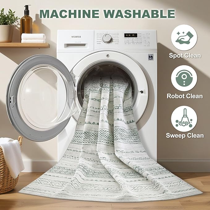 Nakagishi Boho 5x7 Area Rug Living Room Rugs Machine Washable Green | Soft - Image 2