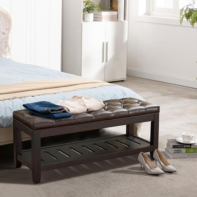 LOULENS 44'' PU Storage Bench, End of Bed Bench, Dark Brown | Solid Wood Frame - Image 2