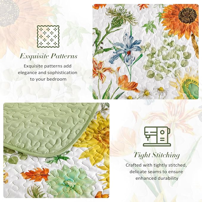 Yiran Sage Green Full Size Quilt, Sunflower Floral Bedspread Bedding Set | 3 - Image 7