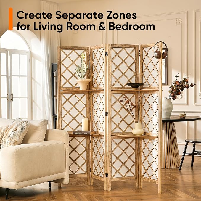 Japanese Room Divider with Shelves, Shoji Screen Diamond Lattice Design - Image 7