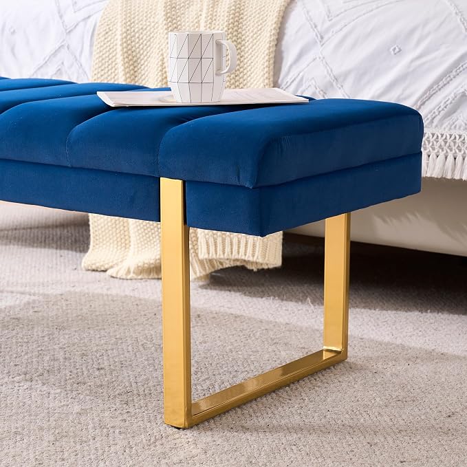 46" Velvet Navy Bench with Gold Legs - Image 6