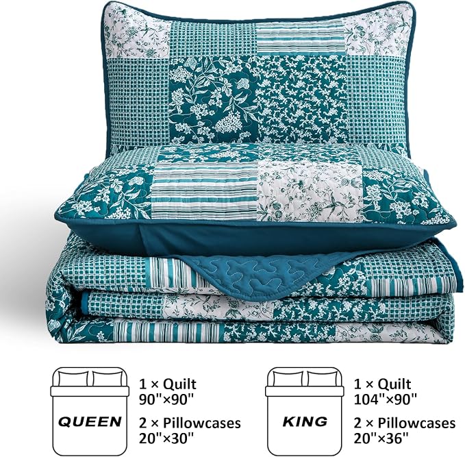 Mybedsoul Teal Blue Quilt Set King Size 3 Pieces Boho Plaid Turquoise Floral - Image 5