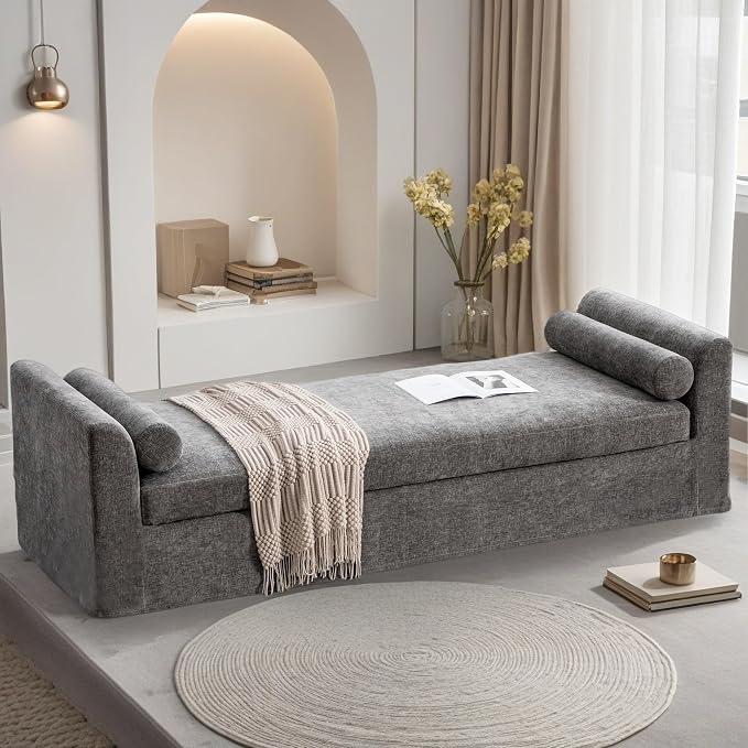 88.6" Extra Large End of Bed Sofa Gray, Chenille Oversized Chaise Lounge Bench by Unknown