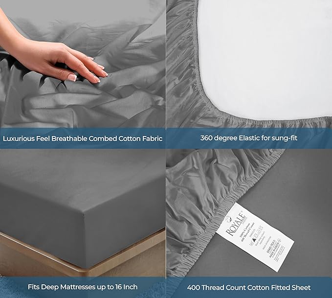 ROYALE LINENS 400 Thread Count 100% American Grown Cotton Fitted Sheet Queen Size - All Around Elastic Fitted Sheet - Luxury Sateen Weave - Snug Fit Bottom Sheets Fit Up to 16" (Queen,Spanish Slate)