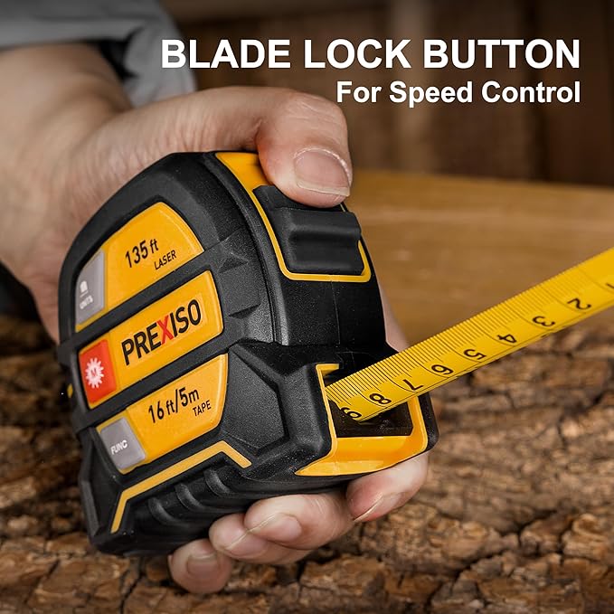 PREXISO 2-in-1 Laser Tape Measure, 135Ft Rechargeable Measurement Tool & 16Ft Measuring Movable Magnetic Hook - Pythagorean, Area, Volume, Ft/Ft+in/in/M Unit NOT Digital