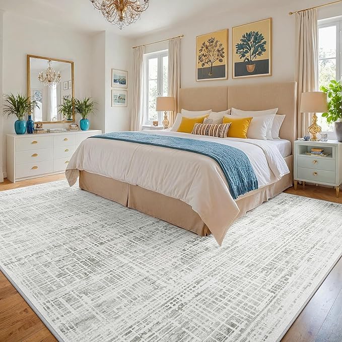 9x12 Washable Area Rug for Living Room Bedroom: Non-Slip Modern White Gray | - Image 3