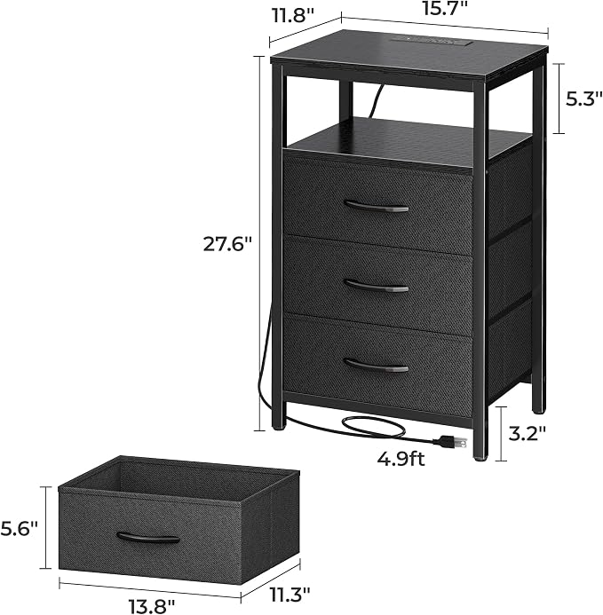 Huuger Nightstand with Charging Station, 27.6 Inch Bedside Table, Side Table | - Image 3