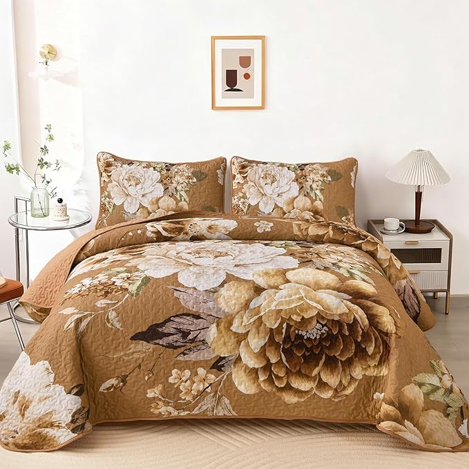 WONGS BEDDING Fall Brown Floral Quilt Set King, 3 Pieces Reversible Lightweight by WONGSBEDDING