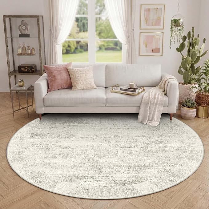 Latte&Fog 6ft Round Area Rug forBedroom Washable Circle Neutral Ivory Rug | Non by LatteFog
