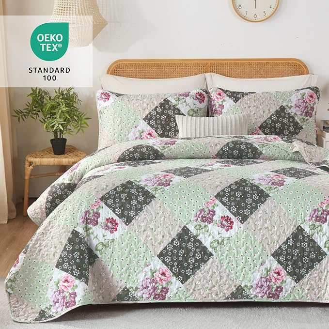 Dinjoy Boho Quilt Set Queen Size, Patchwork Floral Bedspreads, Reversible - Image 3