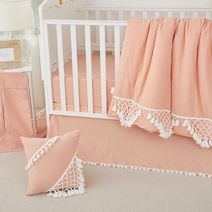 Brandream Boho Bohemian Girl Baby Nursery Crib Bed Skirt 100% Cotton Pleated Dust Ruffle Farmhouse Chic Ruffle Minimalist Tassel Fringe Macrame Luxury Toddler Bedskirt Solid Blush