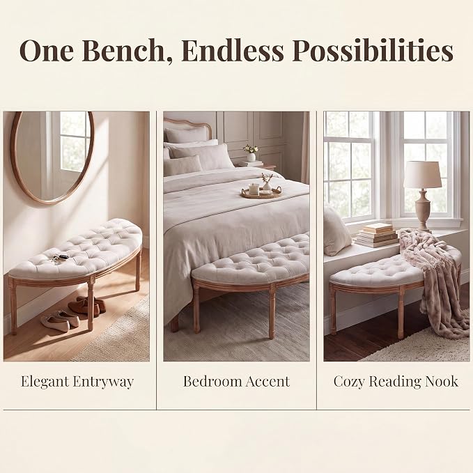 chairus 55" Button Tufted Semi-Circle Dining Bench Linen Halfmoon Entryway - Image 6