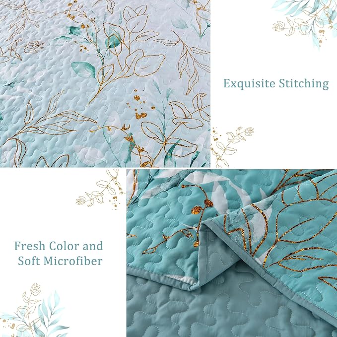 Aninbedding Floral Queen Quilt Set, 3 Piece Gradient Aqua Flower Pattern - Image 6