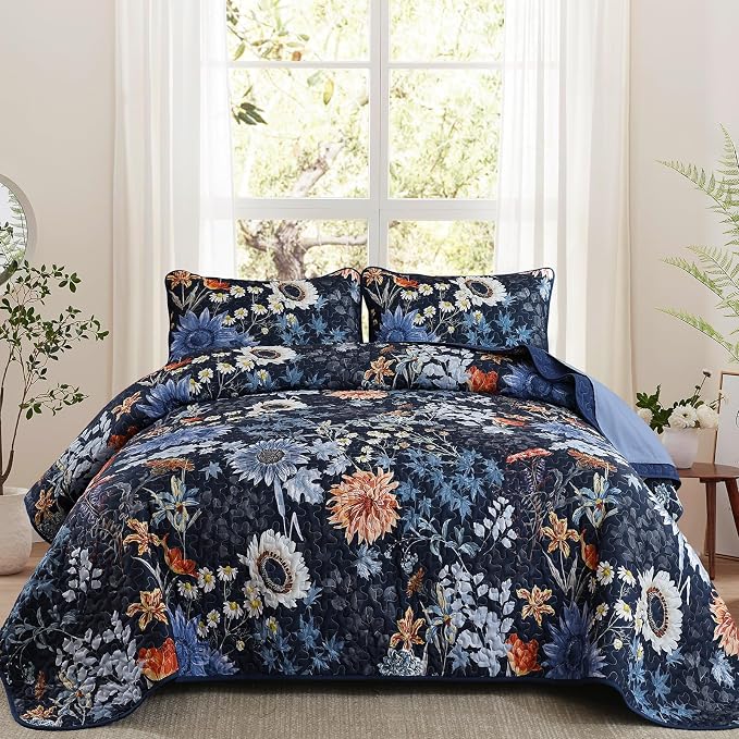 Yiran Navy Blue Sunflower Floral Quilt Set King Size | Botanical Bedspread by Yiran