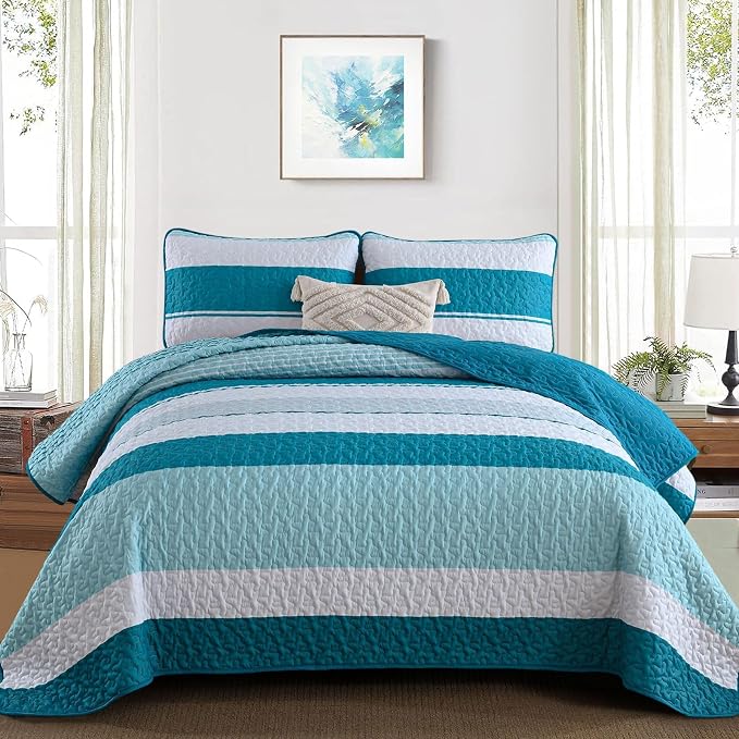 Dinjoy King Boho Striped Quilt Set, Teal Lightweight Bedspread Bedding | Soft by DINJOY