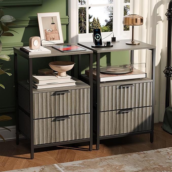 VINGLI Night Stand Set 2 with Charging Station and Fabric Drawers, Fluted Grey by VINGLI