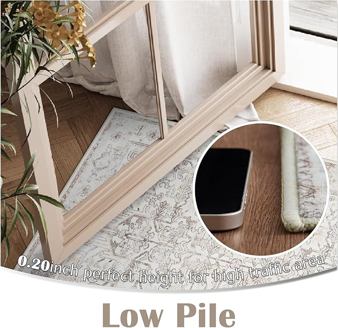 jinchan Lima Hallway Runner Rug 3x10 Washable - Vintage Floral Non Slip Low-Pile Soft Ultra-Thin Faux Wool Kitchen Rug Distressed Carpet Runner for Farmhouse Bedroom Laundry (3x10ft, Taupe)