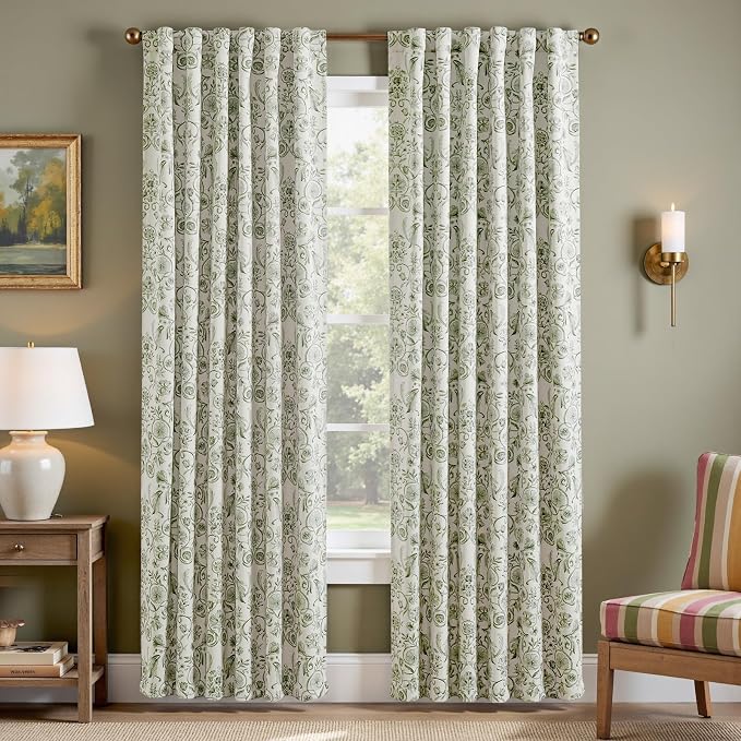 jinchan Green Floral Blackout Curtains 84 Inch Farmhouse Back Tab 2 Panels | by JINCHAN
