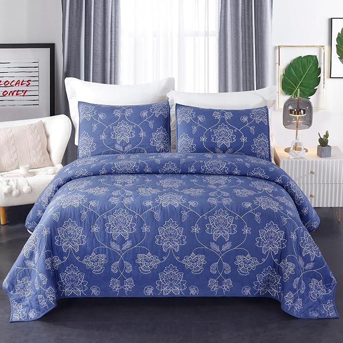 ROOMLIFE Quilt Set King Size 3D Floral Embroidery Pattern 3-Piece Cotton - Image 3