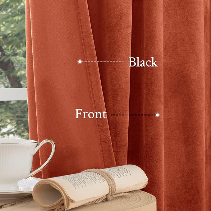 LAMIT Velvet Curtains 90 Inch for Living Room, Thermal Insulated Room Darkening Panels Rustic Vintage Noise Reducing Window Drapes with Back Tab and Rod Pocket, 2 Panels, Terracotta, 52 x 90 Inch