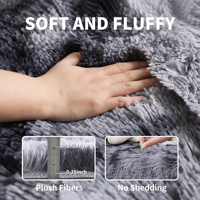 KICHOWUA Grey Tie-Dye Dark Gray Fluffy 9x12 Rug Bedroom Living Room Shag | Grey - Image 4