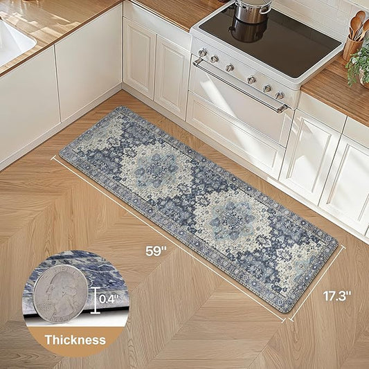 GENIMO Kitchen Mats for Floor, Washable Anti Fatigue Mat for Cushioned, 17.3"x59", Waterproof Kitchen Rugs, Non Slip Foam Comfort Standing Mat Rug for Home, Runner, Sink, Laundry, Center Blue