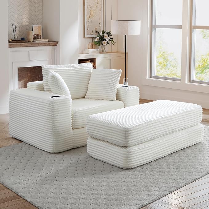 Oversized Chaise Lounge Chair Indoor, 52.4"W Corduroy Upholstered Fluffy Comfy - Image 6