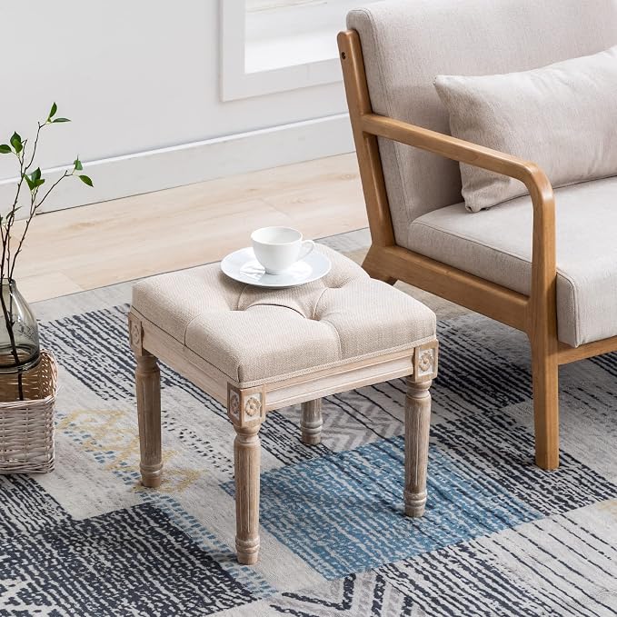 chairus Square Foot Stool with Button Tufted Seat, Small Fabric Upholstered - Image 2