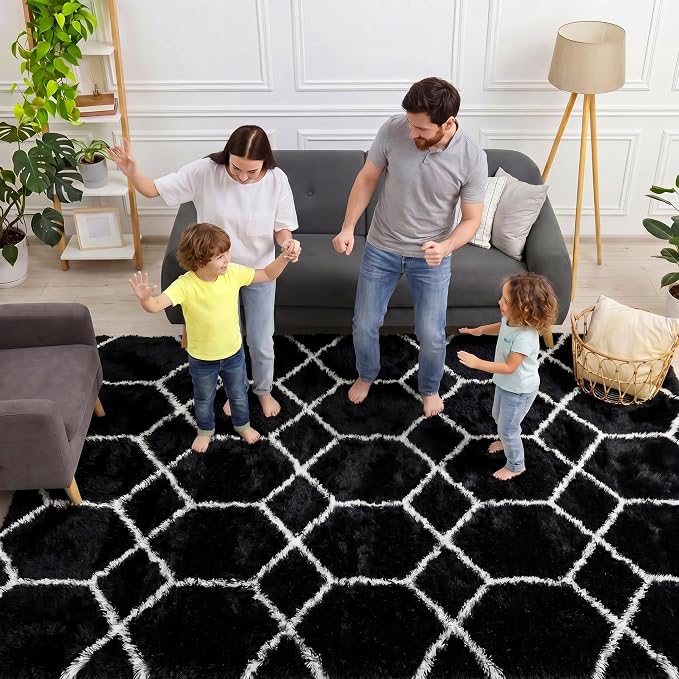 5x7 Area Rugs for Living Room Bedroom, Fluffy Black and White Rug, Geometric - Image 3