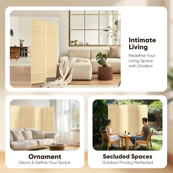 Rattan Room Divider, 4-Panel Folding Privacy Screen 6ft. Extra Wide | Room - Image 7